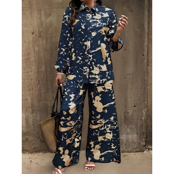 OYYN 2 Piece Sets for Women Casual Travel Vacation Outfits Long Sleeve shirts Wide Leg Pants Lounge Sets