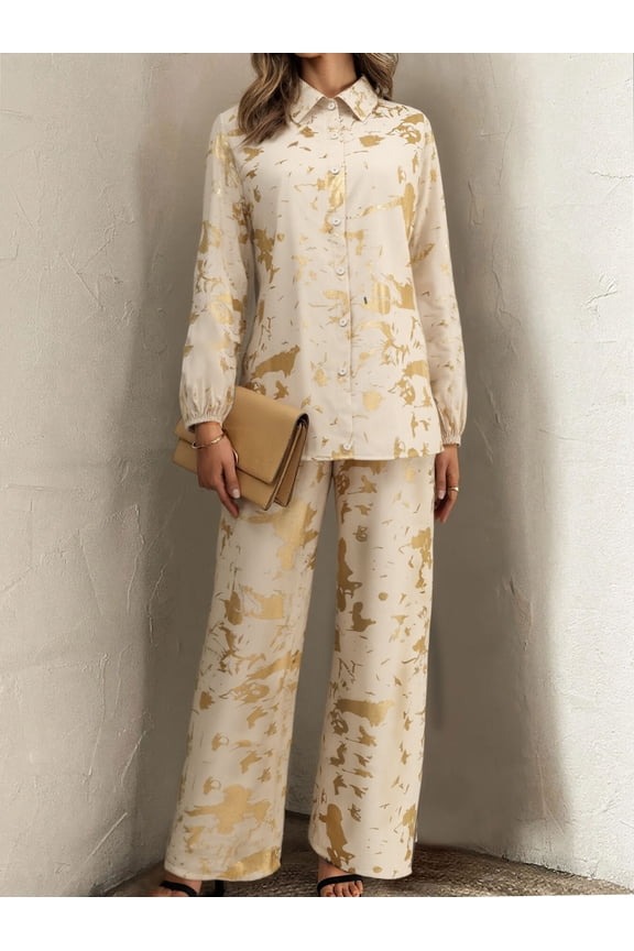 2 Piece Sets for Women Casual Travel Vacation Outfits Long Sleeve shirts Wide Leg Pants Lounge Sets