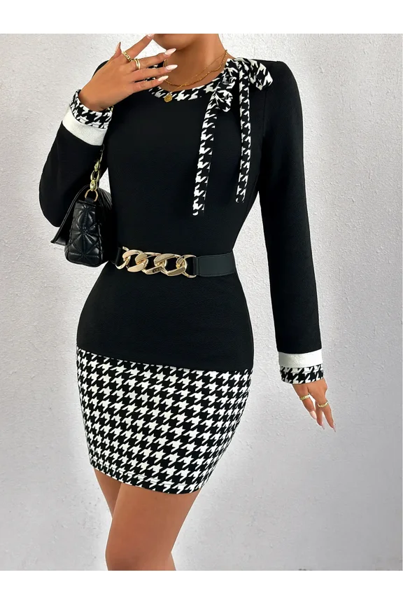 Dresses for Women Fashion Black Houndstooth Patchwork Long Sleeve Bodycon Mini Dress Elegant Tie Neck Sheath Dress for Office Work Date Night