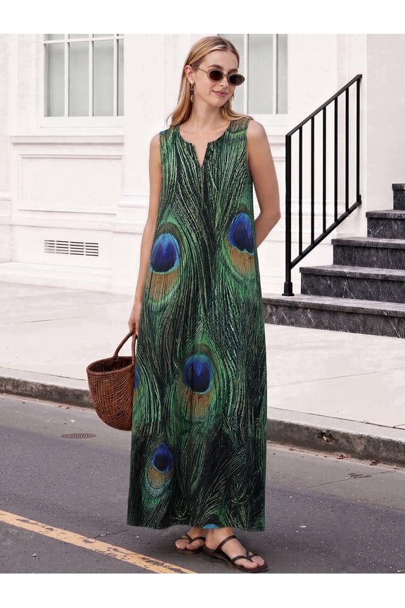 Women's A-Line Sleeveless V-Neck Relaxed Fit Maxi Casual Dress