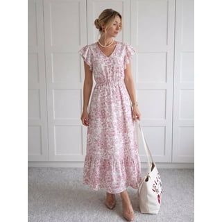 OYYN Dresses for Women Summer Casual Boho Dress Pink Floral Print Ruffle Sleeve V Neck Maxi Beach Dresses