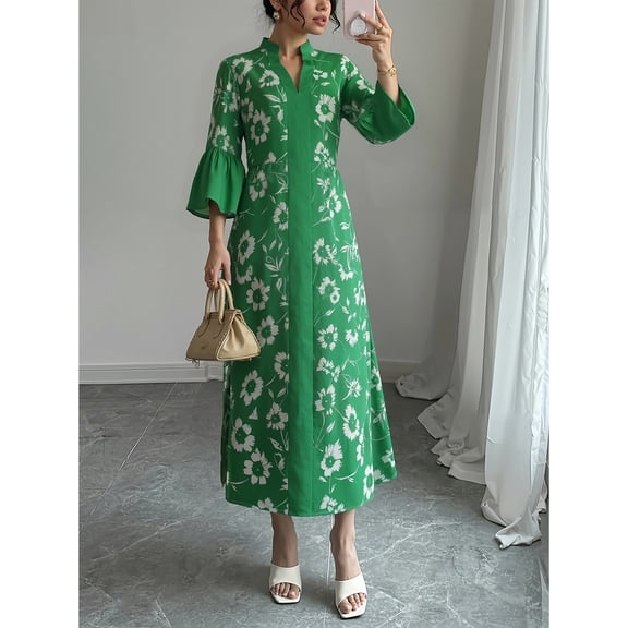 OYYN Formal Dresses for Women Green Floral Bell Sleeve Maxi Dress High Waisted A-Line Floral Gown Summer Boho Dress