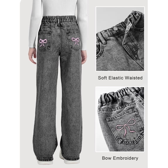 OYYN Girls Baggy Wide Leg Jeans High Rise Bow Embroidery Straight Pants Casual Fashion Cute with Pockets Grey Jeans Size 13