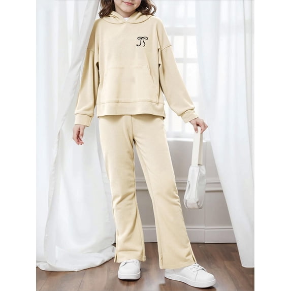 OYYN Girls Graphic Jogging Suits Sweatsuits 2 Piece Set Oversized Hoodie and Sweatpants Clothes (Beige 5-6 Years)