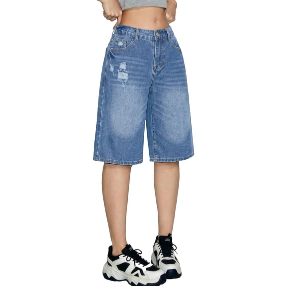 OYYN Girls Jean Shorts Casual Summer Wide-Leg High Waisted Denim Bermuda Jean Shorts Cute Y2K Streetwear Knee Length Shorts 16Y
