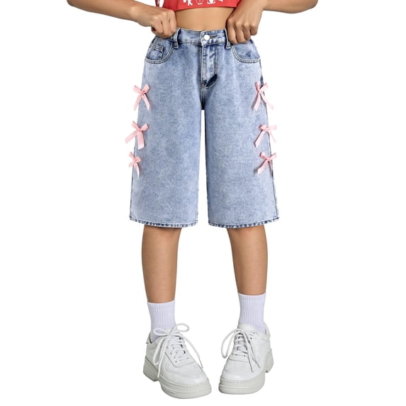 OYYN Girls Jean Shorts Y2K Cute Baggy Bow Shorts Summer Casual Wide Leg Comfort Flex Waistband Jean Short for School Street Skateboarding Clothing