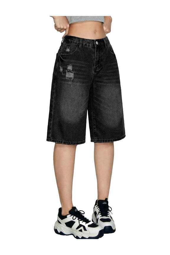 Girls Shorts Casual Summer Baggy Wide Leg Cute Knee Length Jean Shorts High Waisted Distressed Y2K Denim Bermuda Shorts for Teen Kids
