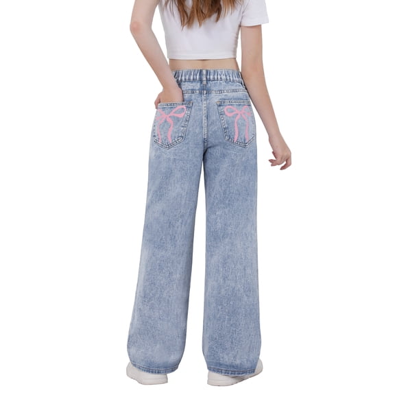 OYYN Jeans for Girls Bowknot Print Elastic Waist Denim Pants Basic Straight Leg Trousers with Pockets