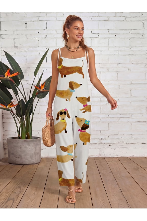 Jumpsuits for Women Adjustable Strap Overalls Boho Watercolor Dog Print Jumpsuit Loose Fit Wide Leg Jumpsuit with Pockets
