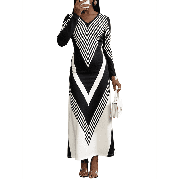 OYYN Women Black White Striped Maxi Dress V Neck Long Sleeve Fall Winter Casual Formal Gown