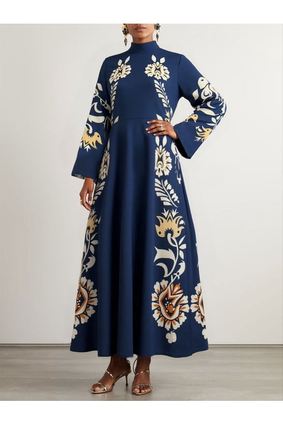 Maxi Dresses for Women Casual Loose Ethnic Floral Print Flared High Neck Long Sleeve Dresses Guest Evening Clothing
