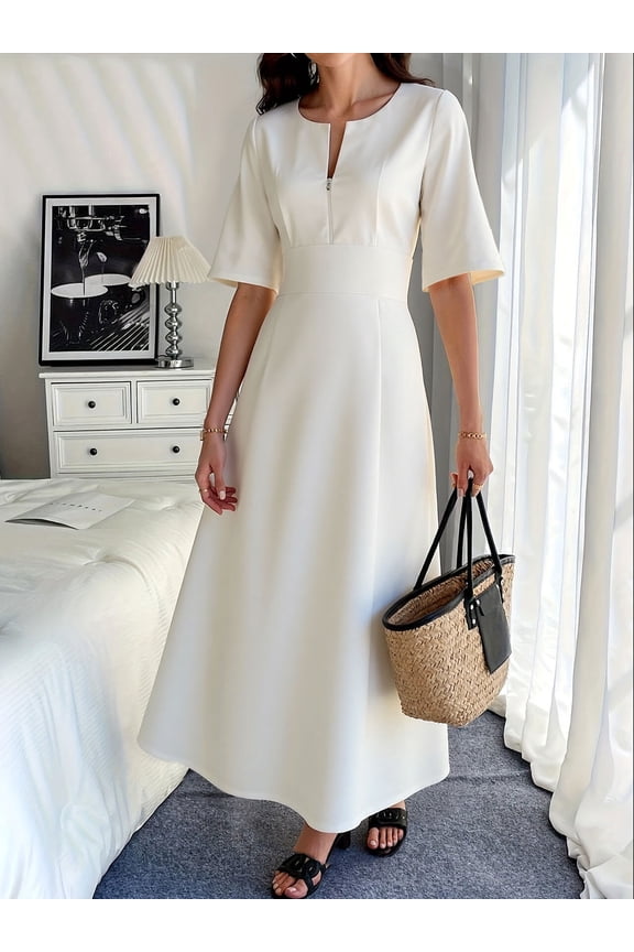 Maxi Dresses for Women Casual White High Waist A-Line Dresses Short Sleeve Half Zip V-Neck Elegant Dress