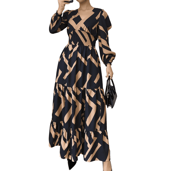 OYYN Ball Gown V-Neck Long Sleeve Maxi Chevron Dress, Women's