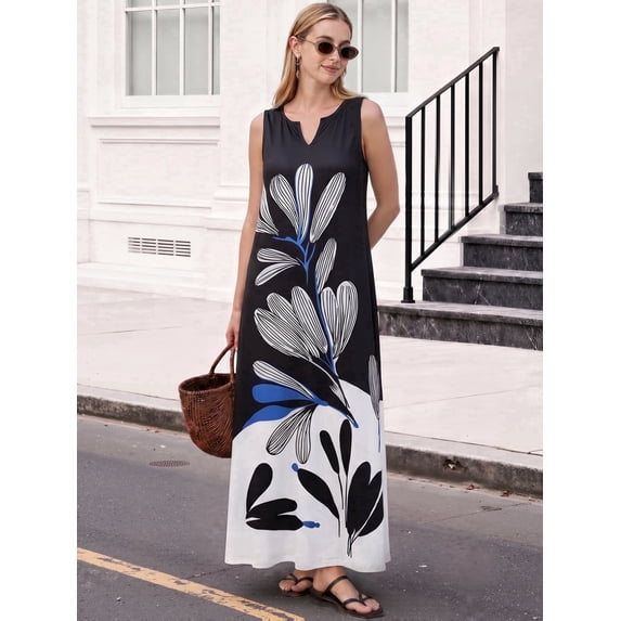 OYYN Women's A-Line Sleeveless V-Neck Relaxed Fit Maxi Casual Dress