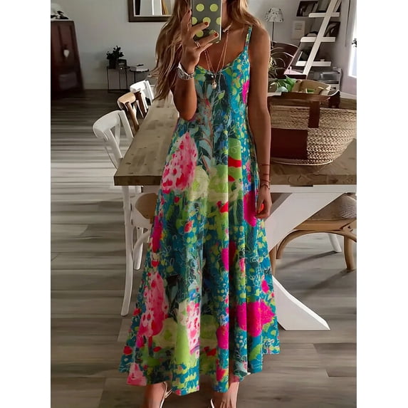 OYYN Women's A-Line Floral V-Neck Spaghetti Straps Sleeveless Maxi Dress