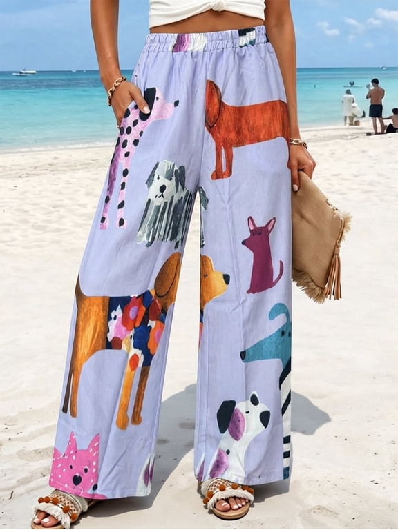 Joggers, Multi-Breed Dog Print, Wide-Leg, Long, Casual Overalls (Women's)