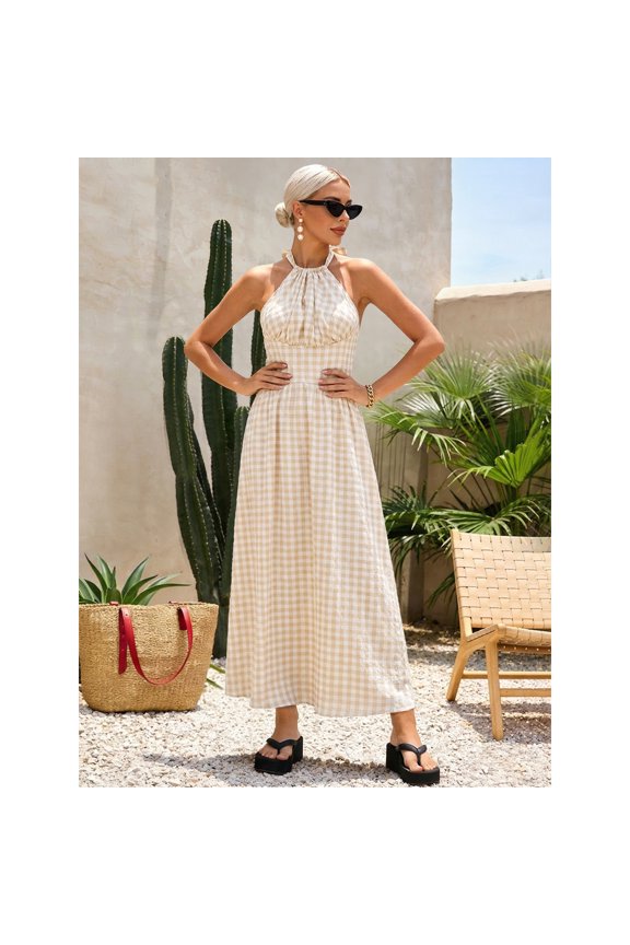 Summer Dresses for Women Halter Neck Gingham Maxi Dress Sleeveless Tie Back Flowy A-Line Dress Boho Beach Vacation Sundress