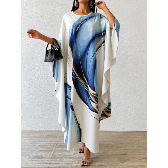 OYYN Summer Dresses for Women Plus Size No Restriction Comfort Loose Fit Caftan Gown Marble Print Kaftan Dress