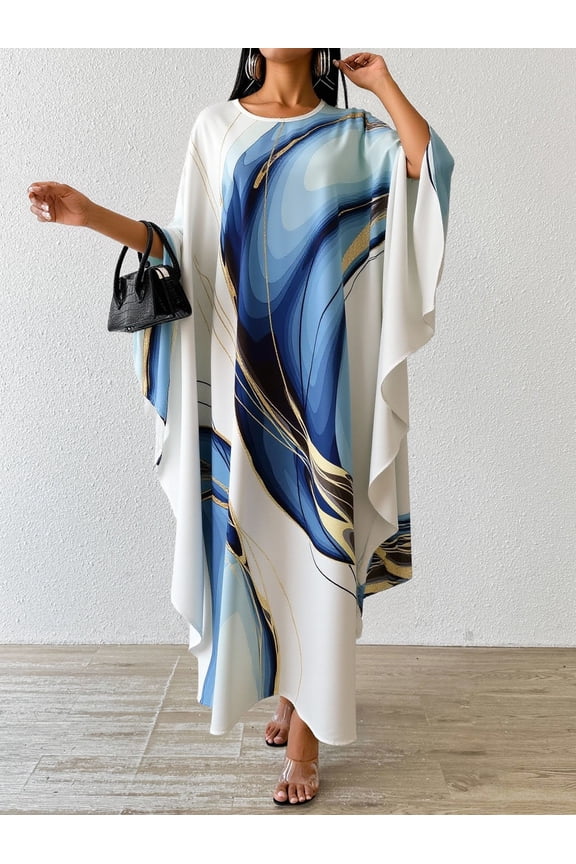 Summer Dresses for Women Plus Size No Restriction Comfort Loose Fit Caftan Gown Marble Print Kaftan Dress