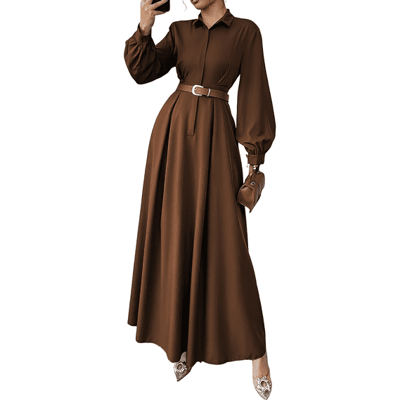 OYYN Wedding Guest Dresses for Women Dressy Solid Color Long Sleeve A Line Belts Long Dress