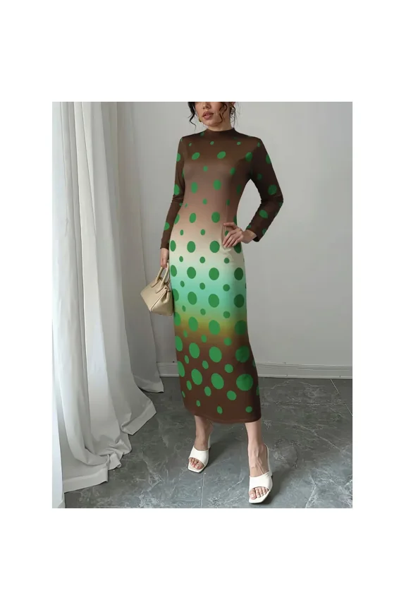 Wedding Guest Dresses for Women Fall Casual Long Sleeve Crew Neck Maxi Dress Gradient Green Brown Polka Dot Bodycon Dress