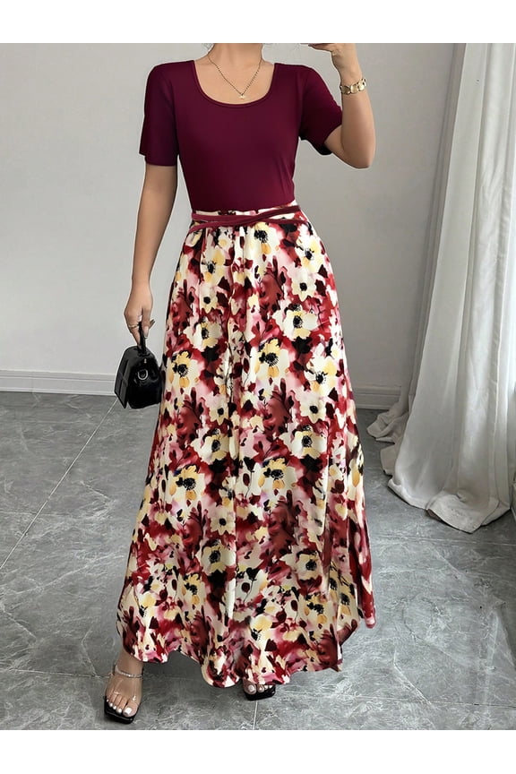 Wedding Guest Dresses for Women Wine Red Floral Long Dresses Casual Belted High Waist Flared Maxi Dresses