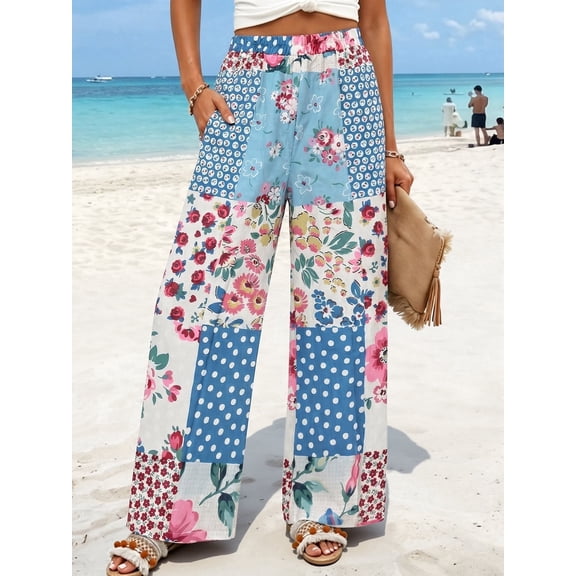 OYYN Women's Boho Patchwork Floral Print Wide Leg Pants Elastic Waist Palazzo Pants for Summer Beach & Vacation