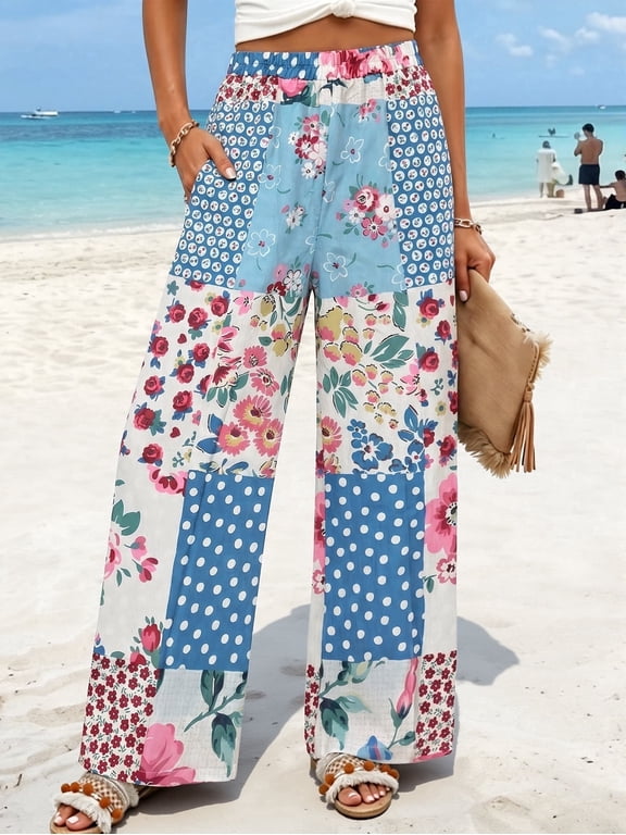 Women's Boho Patchwork Floral Print Wide Leg Pants Elastic Waist Palazzo Pants for Summer Beach & Vacation