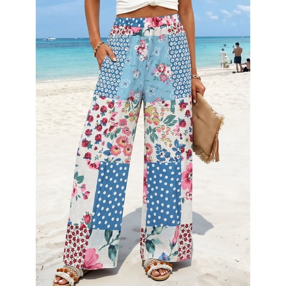 OYYN Women's Boho Patchwork Floral Print Wide Leg Pants Elastic Waist Palazzo Pants for Summer Beach & Vacation