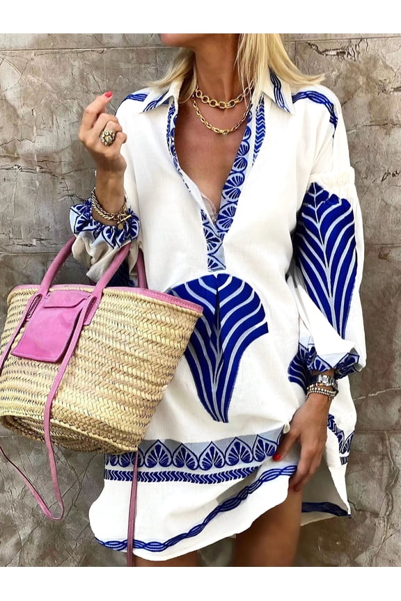 Women's Boho Printed Long Sleeve Shirt Dress V-Neck Button Down Loose Fit Midi Sundress Plus Size Midi Shirt Dress
