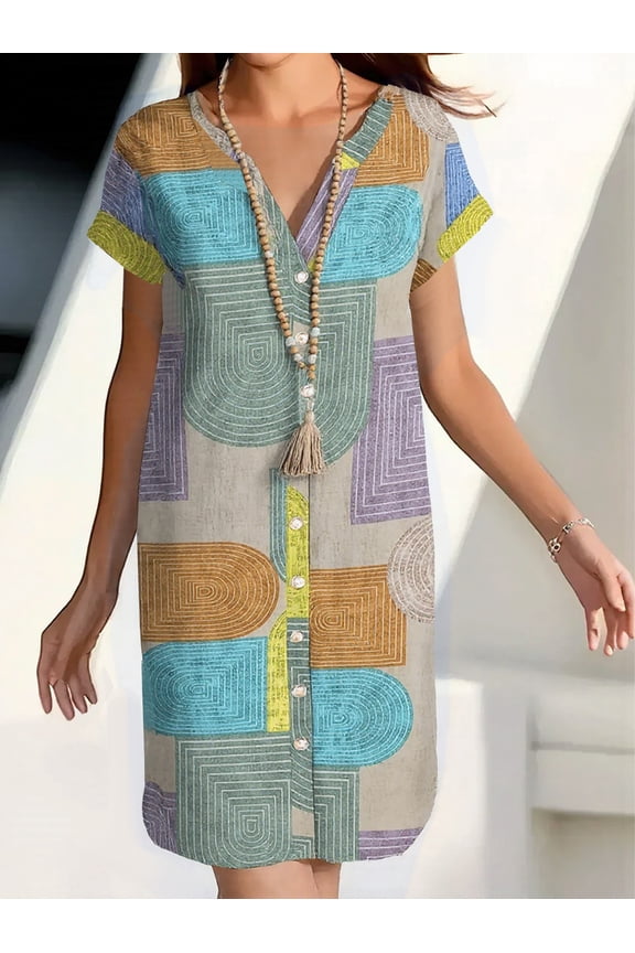 Women's Geometric Print V Neck Shirt Dress Casual Short Sleeve Boho Cotton Linen Dress Summer Friendly Loose Fit Tunic Mini Dresses