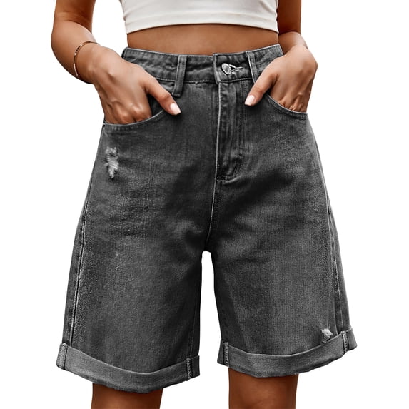 OYYN Women's Jean Shorts Y2K High Waist Baggy Wide Leg Denim Shorts Rolled Cuff Distressed Jorts for Summer Streetwear
