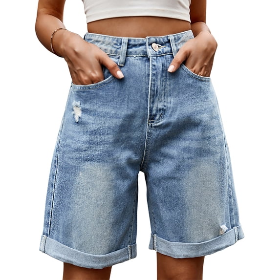 OYYN Women's Jean Shorts Y2K High Waist Baggy Wide Leg Denim Shorts Rolled Cuff Distressed Jorts for Summer Streetwear