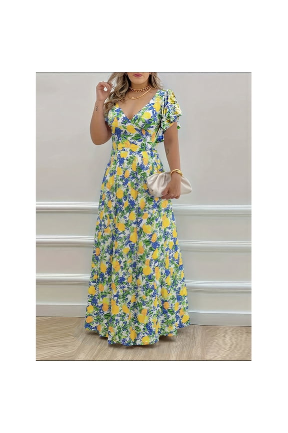 Women's Lemon Print V Neck Maxi Dress Summer Casual Flowy Short Sleeve A Line Beach Vacation Dress Long Sundress