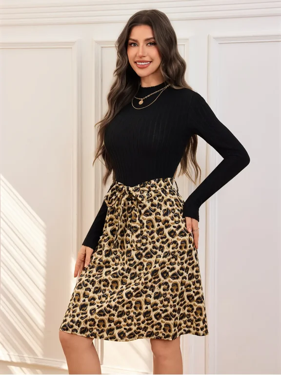 Women's Leopard Print Knit Mock Neck Long Sleeve A-Line Casual Fall Winter Dress
