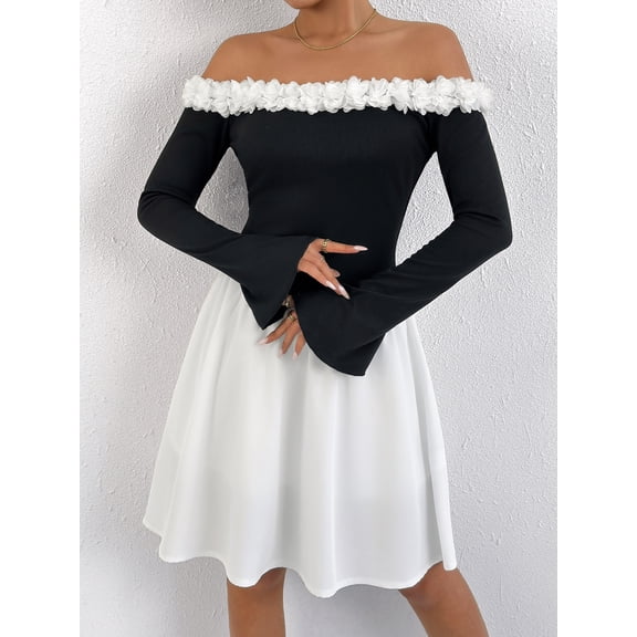 OYYN Women's Off Shoulder Color Block Mini Dresses Casual Summer Black White A Line Skater Dress Floral Trim Long Sleeve Flare Dresses
