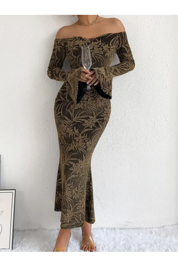 Women's Off Shoulder Gold Floral Glitter Long Sleeve Mermaid Midi Dress – Elegant Bodycon Gown for Evening Party Wedding Guest