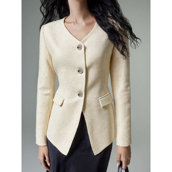 OYYN Women's Waffle Knit Blazer Fitted Fit V Neck Long Sleeve Office Suit Jacket with Pockets
