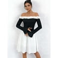 thumbnail image 1 of OYYNIIS Womens Off Shoulder Dresses Fashion Floral Trim Bell Sleeve Stretchy Fit Dress Graduation Wedding Guest Mini Short Dress, 1 of 5