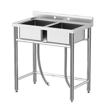 OYang Freestanding Double Bowl Laundry Sink ,Stainless Steel Sinkwith Hot & Cold Hoses,  Outdoor Camping Utility Sink for Garage