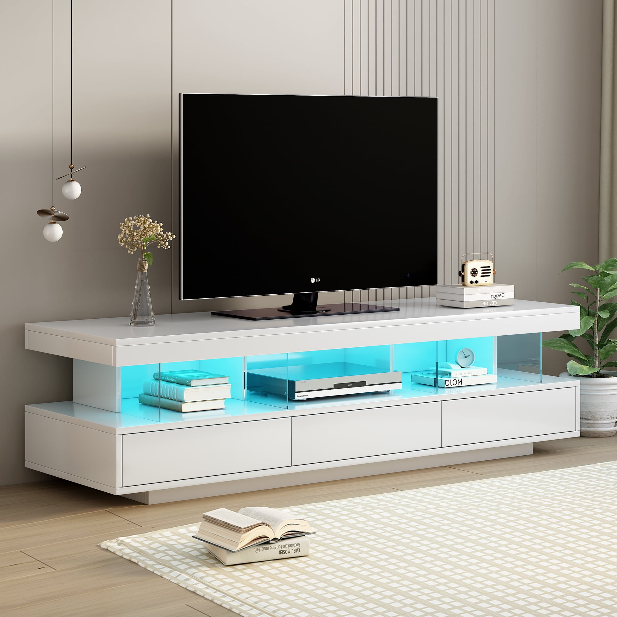 OYang LED TV Table with Spacious Tabletop 3 Drawers Open Shelves High