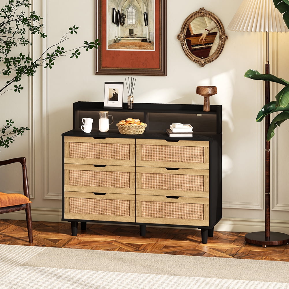OYang Rattan Storage Cabinet with 6 Rattan Drawers with LED Lights