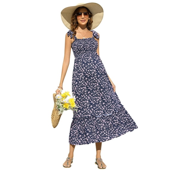 OYang Smocked Maternity Boho Summer Dress Casual Spaghetti Strap Ruffle Sleeveless Swing Maxi Dress Navy Blue L