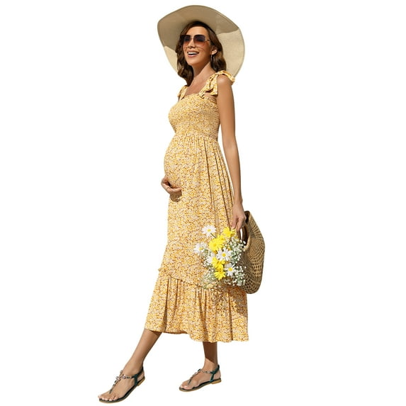 OYang Smocked Maternity Boho Summer Dress Casual Spaghetti Strap Ruffle Sleeveless Swing Maxi Dress Yellowe L