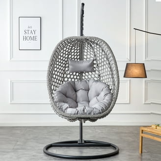 Patio Wicker Hanging Chair with Stand and Gray Cushion, Heavy Duty
