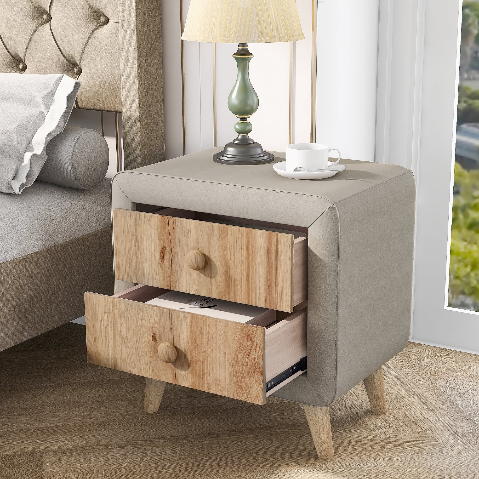 OYang Upholstered Wooden Nightstand with 2 Drawers Easy Assembled Night Stand Storage Cabinets ...