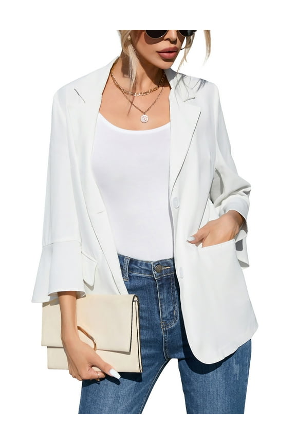 Women's Loose Blazer Jackets , 3/4 Bell Sleeve Button Blazers with Pockets for Office Work Suit White M