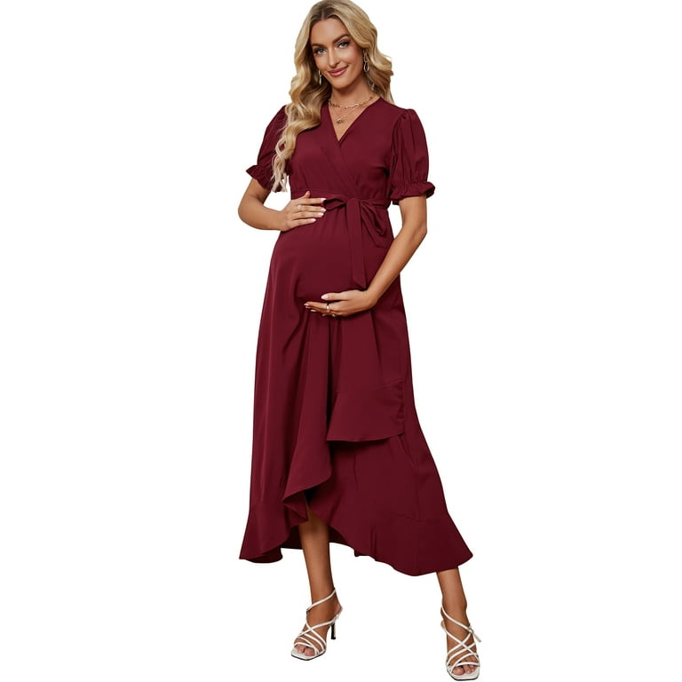 OYang Women's Maternity Dress V-Neck Short Sleeve Ruffle Long