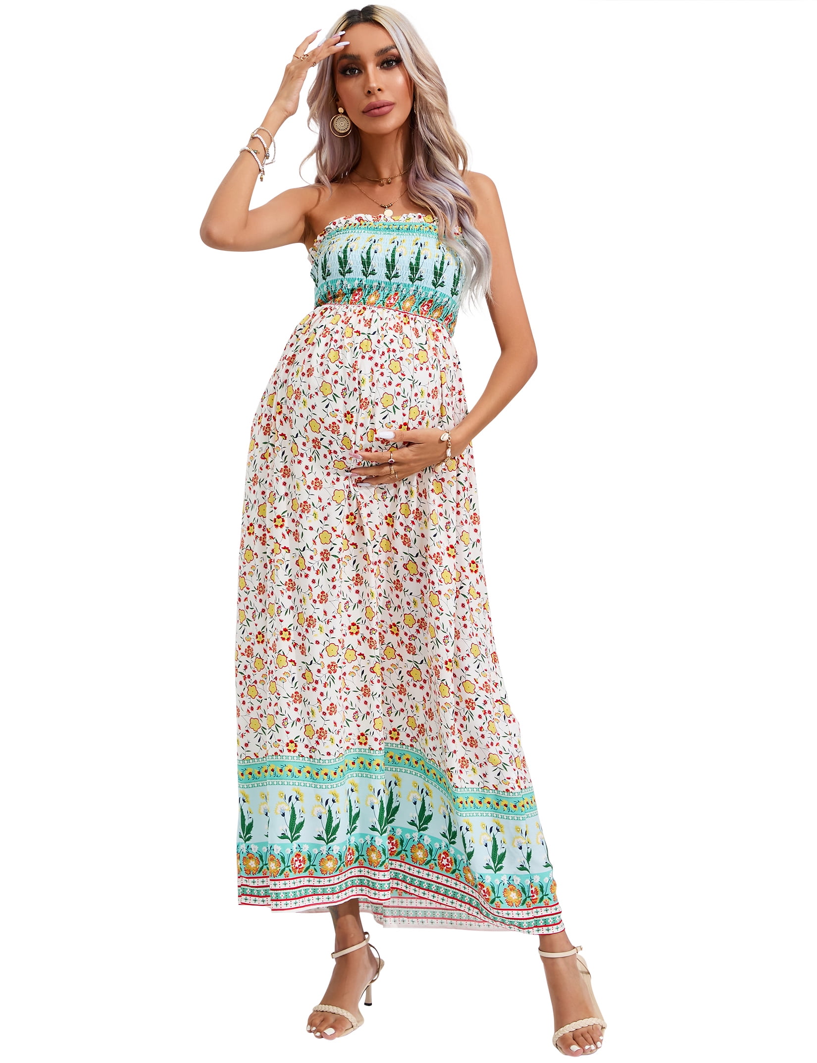 OYang Women's Maternity Dresses Boho Strapless Summer Casual Floral ...
