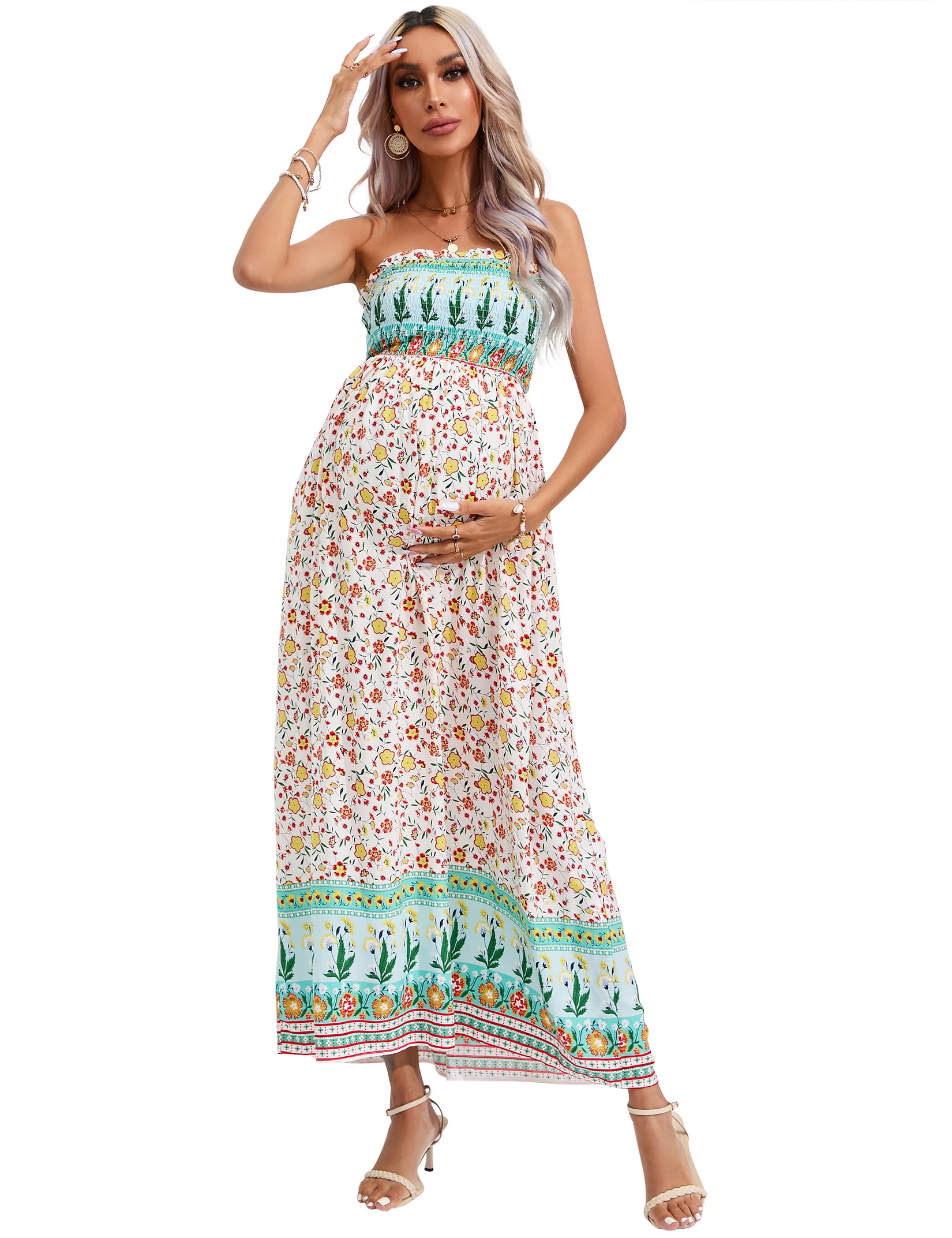 OYang Women's Maternity Dresses Boho Strapless Summer Casual Floral Maxi  Dress Green\u0026Yellow-XL - Walmart.com